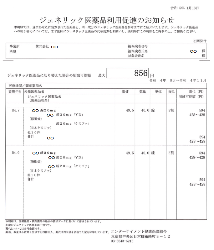 ジェネリック差額通知参考画像