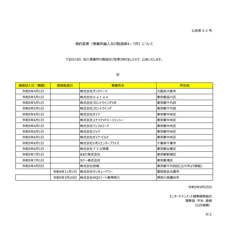 公告第5-2号　規約変更（事業所編入及び脱退等4－7月）について